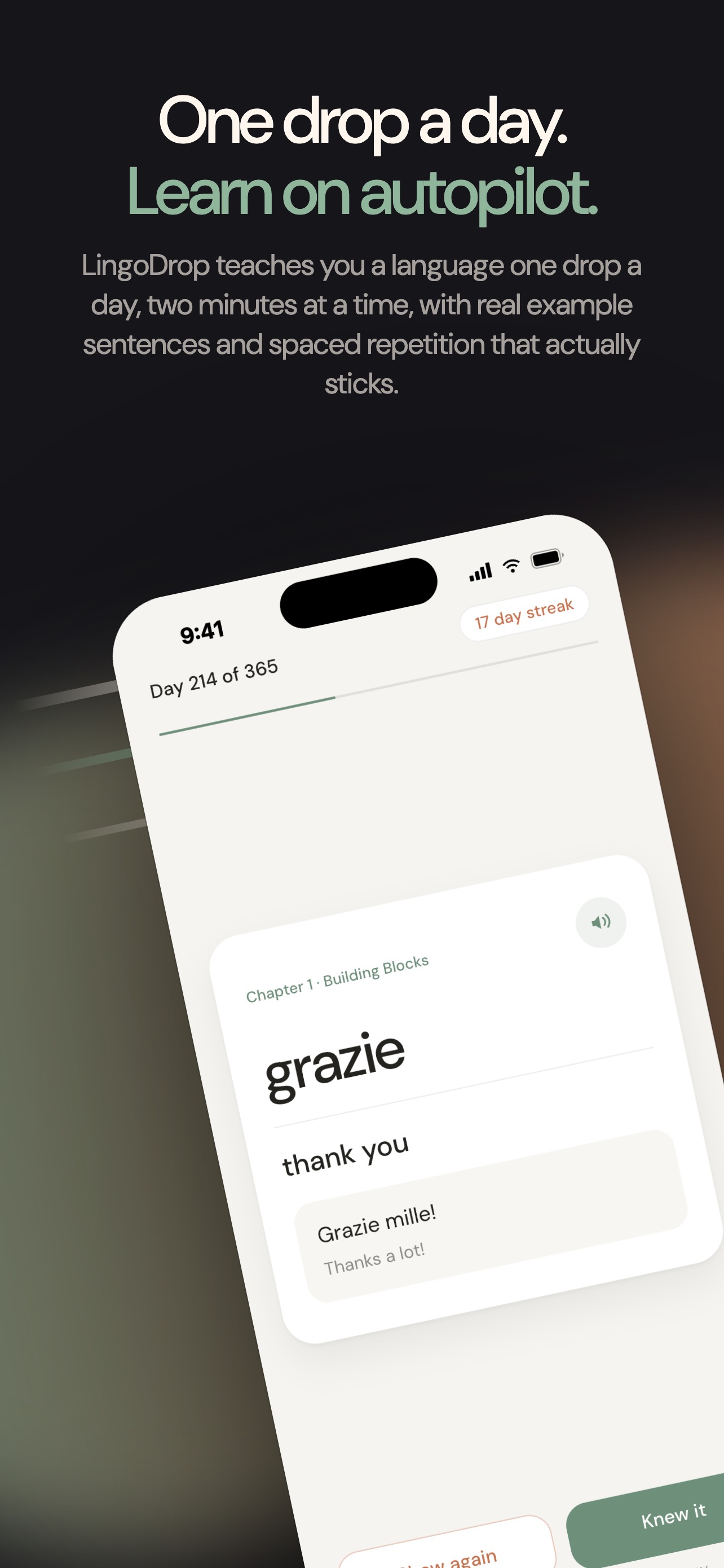 LingoDrop app screen showing today's word, with a real example sentence, and buttons to mark it known or show it again
